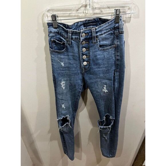 Aeropostale Jeans Womens 2 Jegging ButtonFly Mid Rise Distressed Casual Stretch - Picture 1 of 9